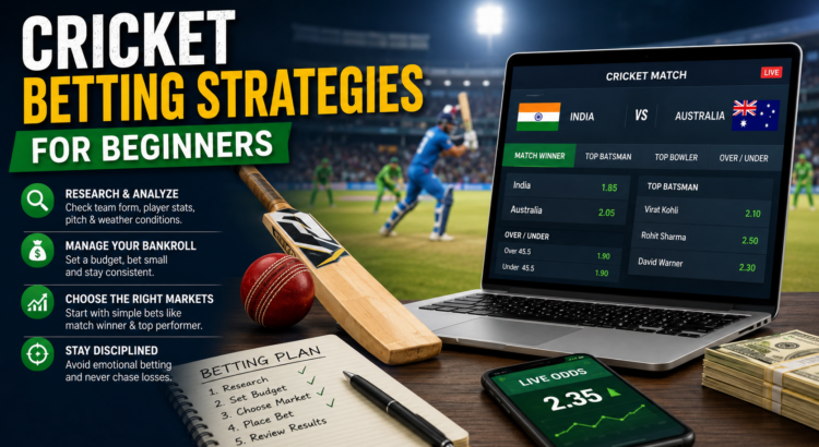 Beginner learning cricket betting strategies with live match odds and betting analysis on screen