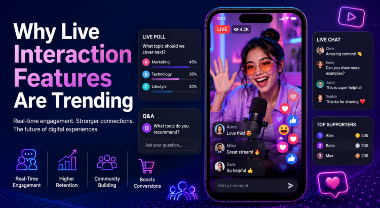 Illustration showing people engaging with live streaming, chats, polls, and interactive digital experiences in real time.