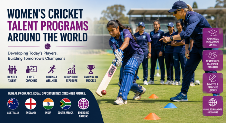 Young female cricketers training in a professional talent development program with coaches on a cricket field.