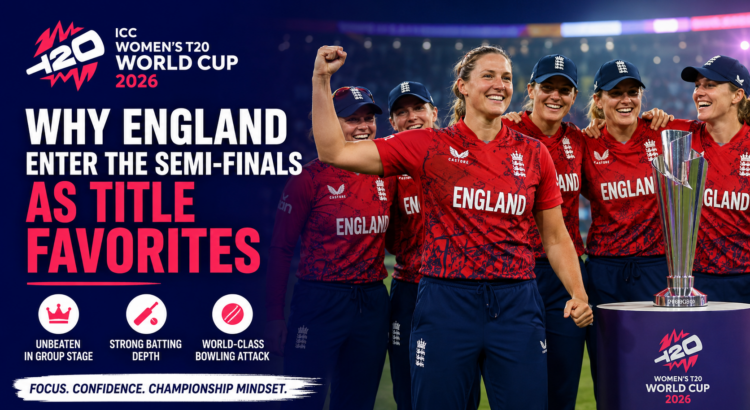 England Women's cricket team celebrates after securing a place in the ICC Women's T20 World Cup 2026 semi-finals as title favorites.