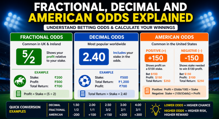 Fractional, decimal, and American betting odds comparison with payout calculation examples for beginners.