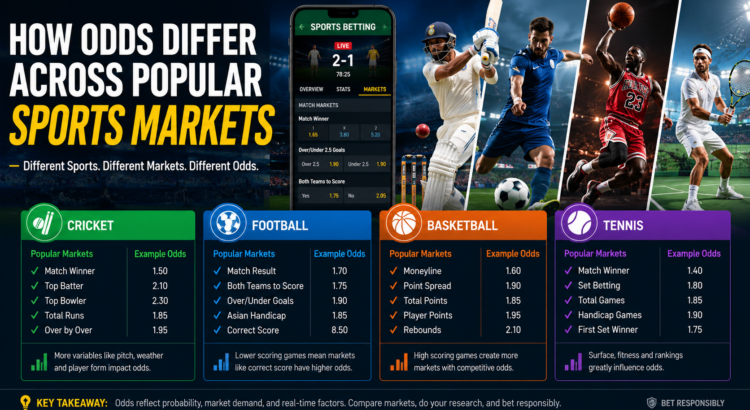 Comparison of sports betting odds across cricket, football, basketball, and tennis betting markets with betting slip and live match graphics.