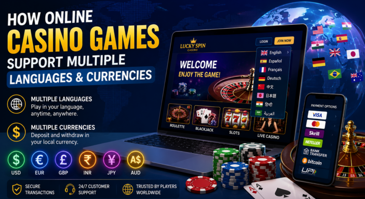 Online casino platform displaying multiple language options and global currency support for international players