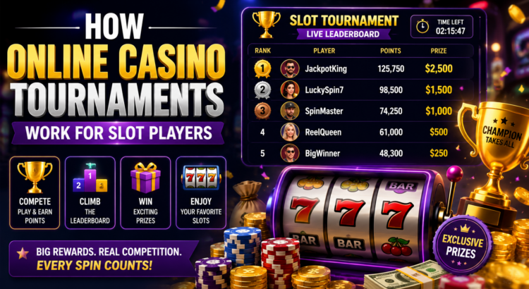 Online casino slot tournament leader board showing players competing for prizes during a live online casino tournament in 2026.