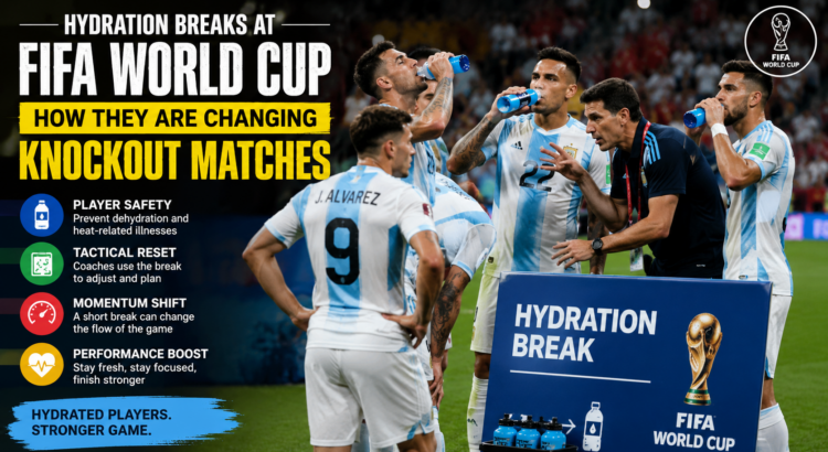 Players take a hydration break during a FIFA World Cup knockout match while coaches deliver tactical instructions from the sidelines.