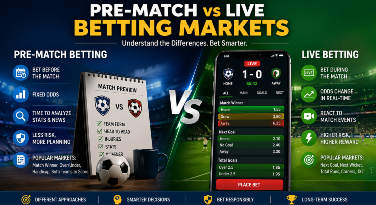 Illustration comparing pre-match and live sports betting markets with changing odds and match analysis