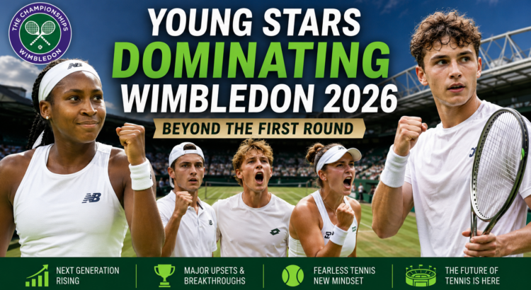 Young tennis stars celebrating victories during Wimbledon 2026 after advancing beyond the first round.