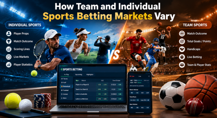Individual and team sports betting markets showing player props, match odds, scoring lines, live markets, and sports statistics