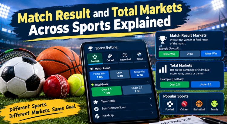 Match result and total markets across sports showing football, cricket, basketball, and tennis betting options on a digital screen