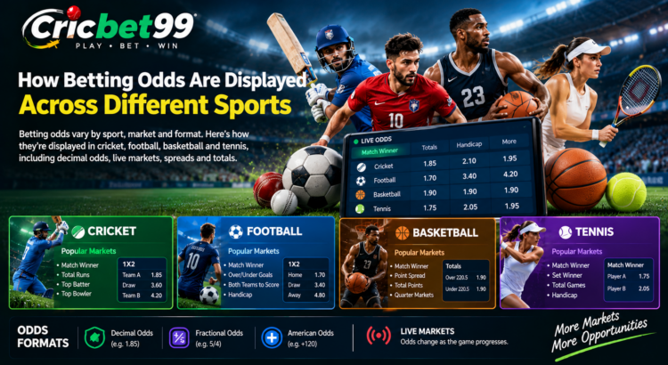 Betting odds across cricket, football, basketball and tennis showing different sports markets and odds formats